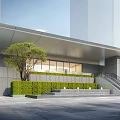 Modern Building Facade With Metal Canopy Glass Curtain Wall Green Wall Water Fountain And Escalator