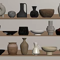 Stylish Ceramic Vases Bowls And Pots Display On Wooden Shelves