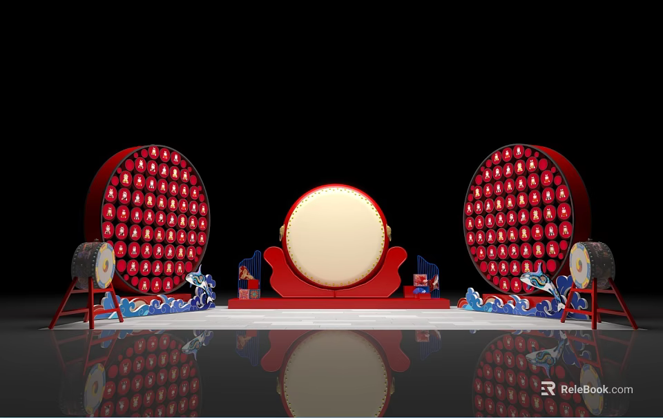 Traditional Red Round Drum Display With Decorative Patterns And Symmetrical Layout 3d model