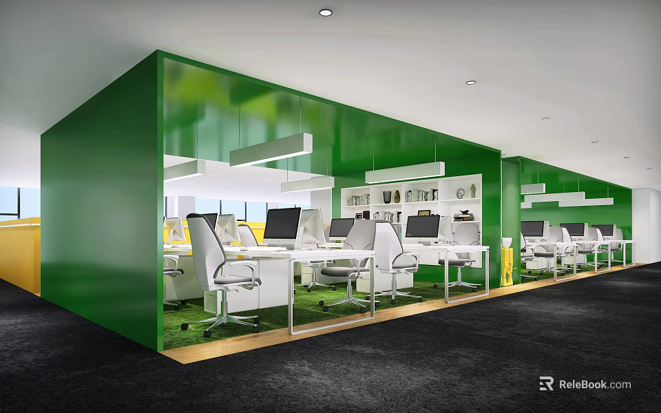 Modern Public Office Space Featuring Green Walls White Desks Chairs Computers And Pendant Lights 3d model 