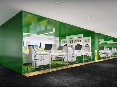 Modern Public Office Space Featuring Green Walls White Desks Chairs Computers And Pendant Lights 3d model