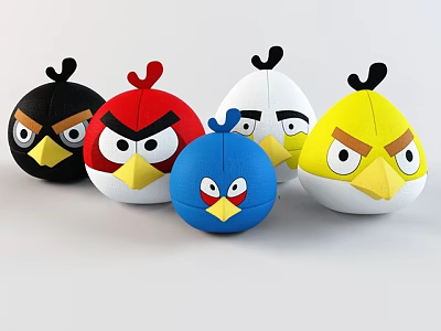 Colorful Angry Birds Plush Toys With Black Red White Yellow Blue And Angry Expressions 3d model