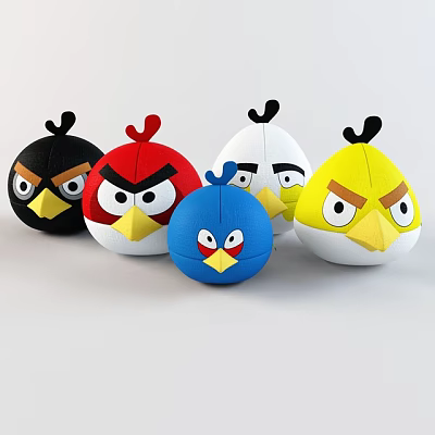 Colorful Angry Birds Plush Toys With Black Red White Yellow Blue And Angry Expressions 3d model