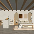 Hotel Guest Room With Wooden Beam Ceiling Arched Doorways Bed And Decorative Paintings