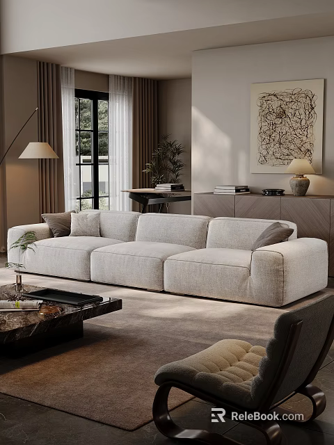 Modern Living Room Interior With Light Gray Sofa And Floor Lamp And Decorative Painting 3d model 