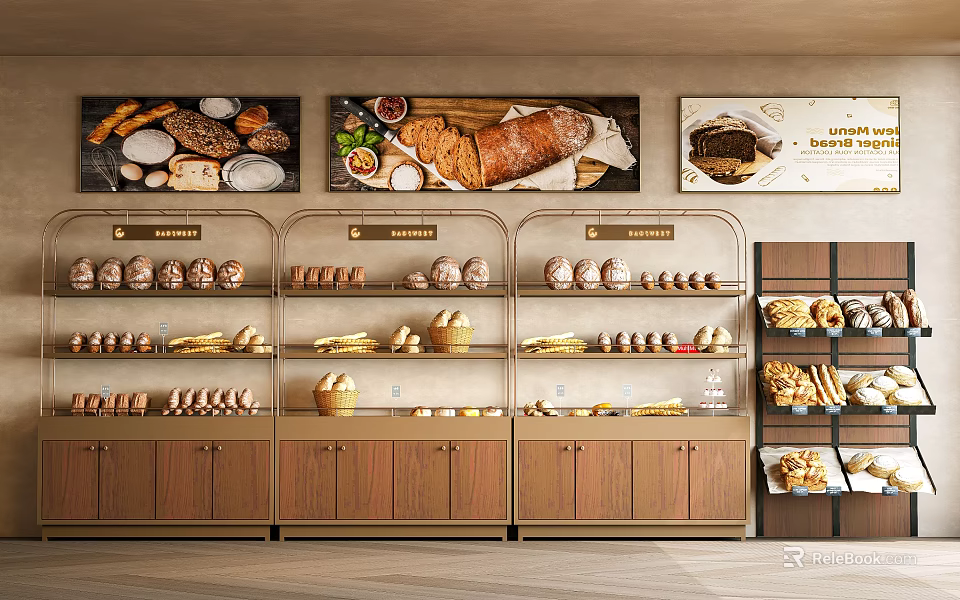 Bakery Wooden Display Shelving Units With Assorted Breads And Pastries 3d model 