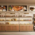 Bakery Wooden Display Shelving Units With Assorted Breads And Pastries