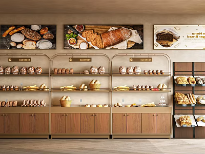 Bakery Wooden Display Shelving Units With Assorted Breads And Pastries 3d model