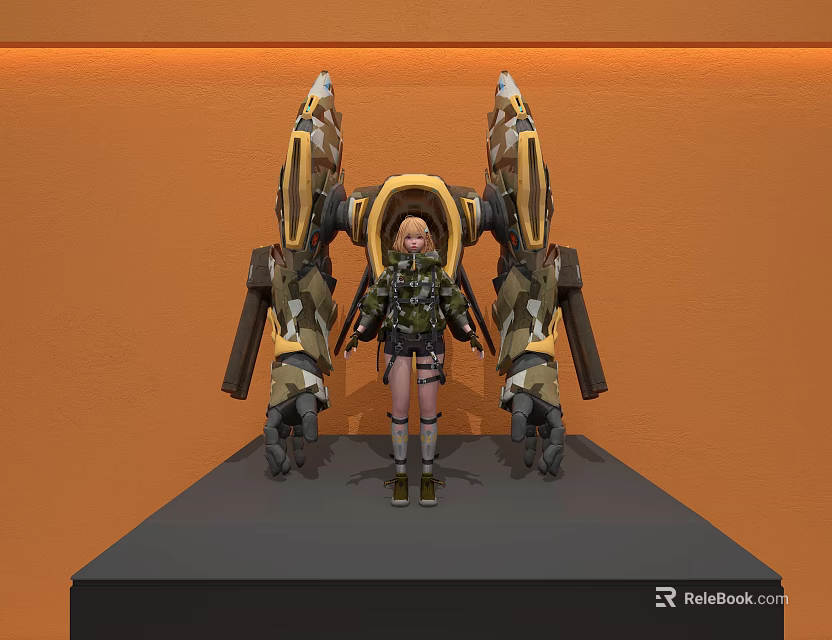 Detailed Decorative Ornament Set With Female Figurine And Large Mechanical Device On Orange Display Stand 3d model