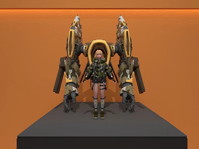 Detailed Decorative Ornament Set With Female Figurine And Large Mechanical Device On Orange Display Stand 3d model