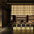 Modern Japanese Restaurant Interior With Bar Counter Wine Rack And Warm Lighting