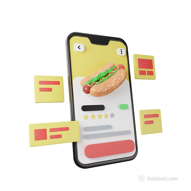 Commercial Equipment Mobile Device For Food Service With Hotdog Display Rating Stars And Interface Elements 3d model 