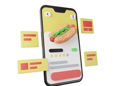 Commercial Equipment Mobile Device For Food Service With Hotdog Display Rating Stars And Interface Elements 3d model