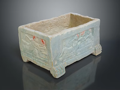 Grayish Blue Stone Rectangular Daily Living Container With Carved Patterns And Red Accents 3d model
