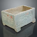 Grayish Blue Stone Rectangular Daily Living Container With Carved Patterns And Red Accents 3d model