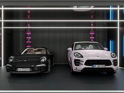 Modern Parking Garage With Black And Pink Porsche Sports Cars Purple Lighting And Metallic Walls 3d model
