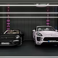 Modern Parking Garage With Black And Pink Porsche Sports Cars Purple Lighting And Metallic Walls