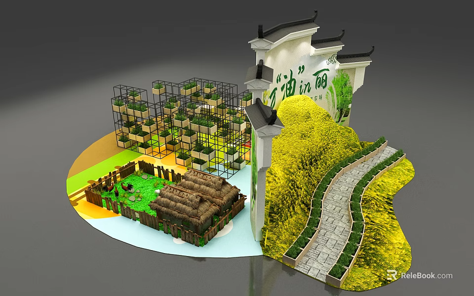 Rape Flower Garden Scenic Spot With Traditional Gate Stone Path And Straw Stacks 3d model 