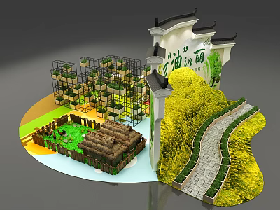 Rape Flower Garden Scenic Spot With Traditional Gate Stone Path And Straw Stacks 3d model