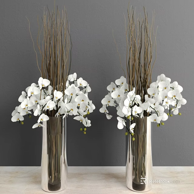 White Orchid Flowers in Metallic Vases with Brown Branches Against Grey Wall 3d model 