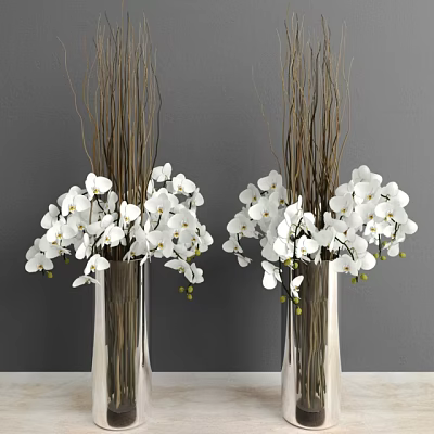 White Orchid Flowers in Metallic Vases with Brown Branches Against Grey Wall 3d model