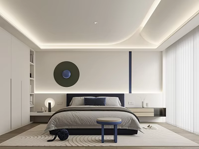 Modern Bedroom Interior With White Walls Round Decorative Painting Bedside LED Lights And Blue Stool 3d model
