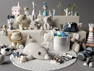 Stuffed Animal Dolls on Multi Layer Shelves with Various Animal Designs and Toys Storage Bucket 3d model