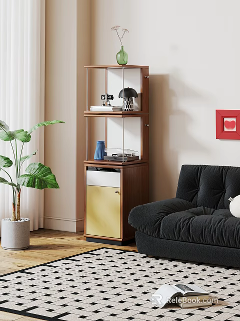 Wooden Shelf with Yellow Door Camera Lamp and Blue Vase in Living Room 3d model 