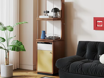 Wooden Shelf with Yellow Door Camera Lamp and Blue Vase in Living Room 3d model