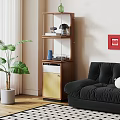 Wooden Shelf with Yellow Door Camera Lamp and Blue Vase in Living Room