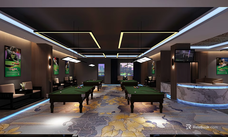 Modern Billiard Room with Green Tables Ceiling Lights Sofas TV and Decorative Paintings 3d model 