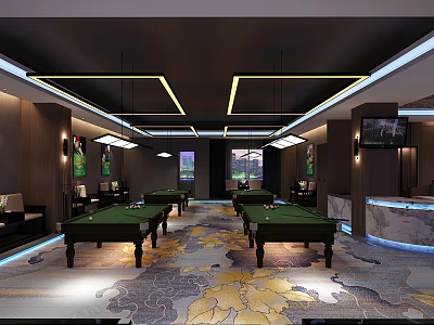 Modern Billiard Room with Green Tables Ceiling Lights Sofas TV and Decorative Paintings 3d model