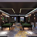 Modern Billiard Room with Green Tables Ceiling Lights Sofas TV and Decorative Paintings