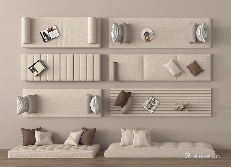 Beige Sofa Designs With Various Styles Cushions Magazines And Small Decor 3d model 