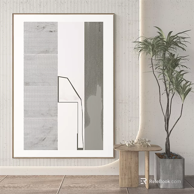 Modern Interior Decor With Abstract Wall Art Side Table Decorative Items And Potted Plant 3d model