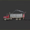 Red Bronco Dump Truck With Crane On Dirt Grassy Ground Platform