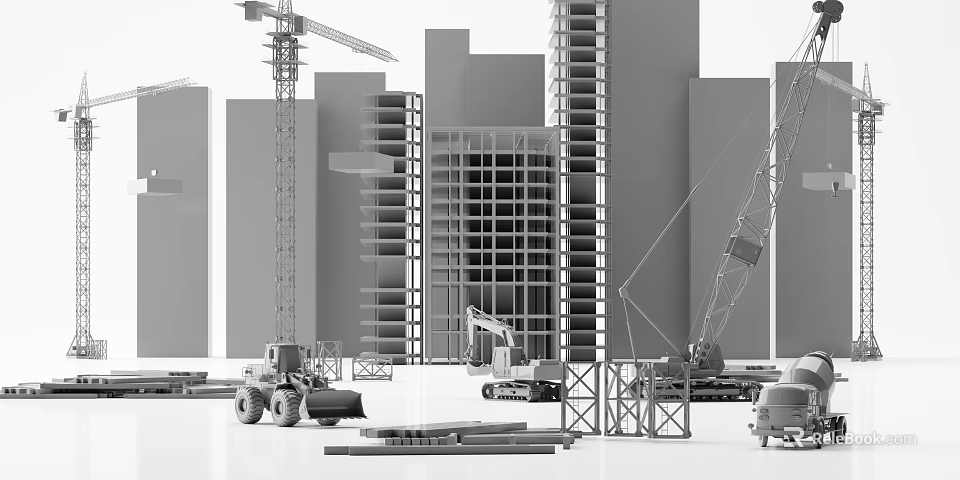 Modern Commercial Construction Equipment With Cranes Excavators At Urban Building Site 3d model 