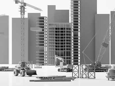 Modern Commercial Construction Equipment With Cranes Excavators At Urban Building Site 3d model