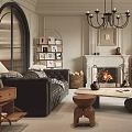 Elegant Living Room Interior With Fireplace Chandelier Sofa Armchair And Coffee Table