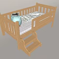 Wooden Baby Cot With Ladder Floral Pattern Mattress And Blue Kettle