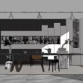 Modern Tea Room Interior Design With Vertical Striped Wall Display Shelves Tea Sets And Marble Table 3d model