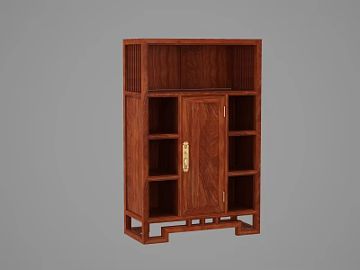 Chinese Traditional Wooden Decorative Cabinet With Golden Handle And Open Shelves 3d model