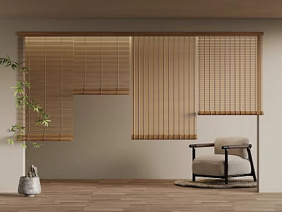 Bamboo Blinds In Natural Indoor Space With Comfortable Chair And Green Plant Decor 3d model