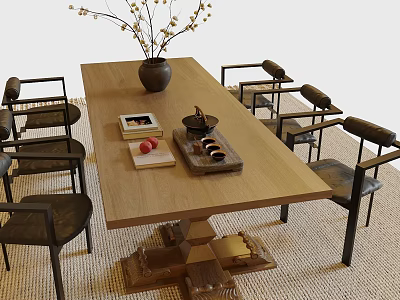 Modern Wooden Tea Table and Black Frame Chairs with Vase Flowers Book Tray and Apples 3d model