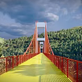 Red Suspension Bridge With White Towers Over Blue River By Green Forest