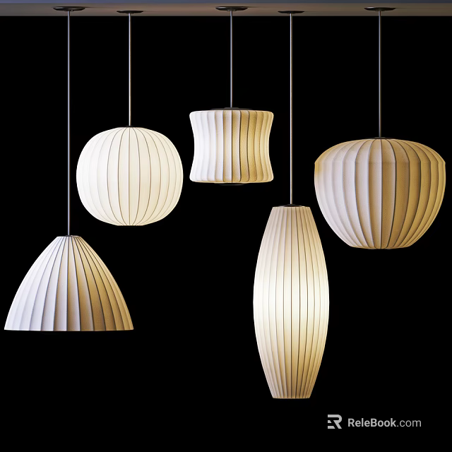 Five Different Shapes of White Pleated Pendant Lights on Black Background 3d model 