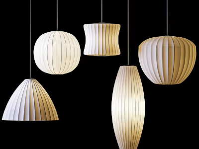 Five Different Shapes of White Pleated Pendant Lights on Black Background 3d model