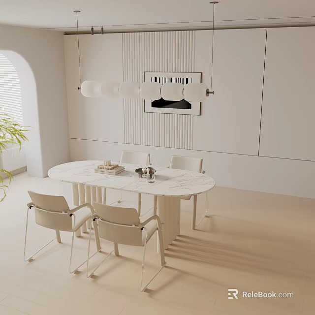 Modern Oval Marble Dining Table Set With Light Colored Chairs And Pendant Light 3d model 