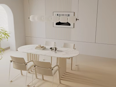 Modern Oval Marble Dining Table Set With Light Colored Chairs And Pendant Light 3d model