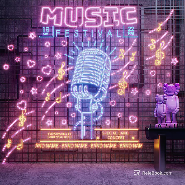 Decorative Neon Lights with Microphone Shape Music Notes Hearts and Stars for Festival 3d model 